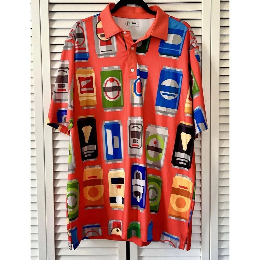USAG U Suck At Golf Polo Shirt Mens Orange Beer Cans‎ Dutch Size XL